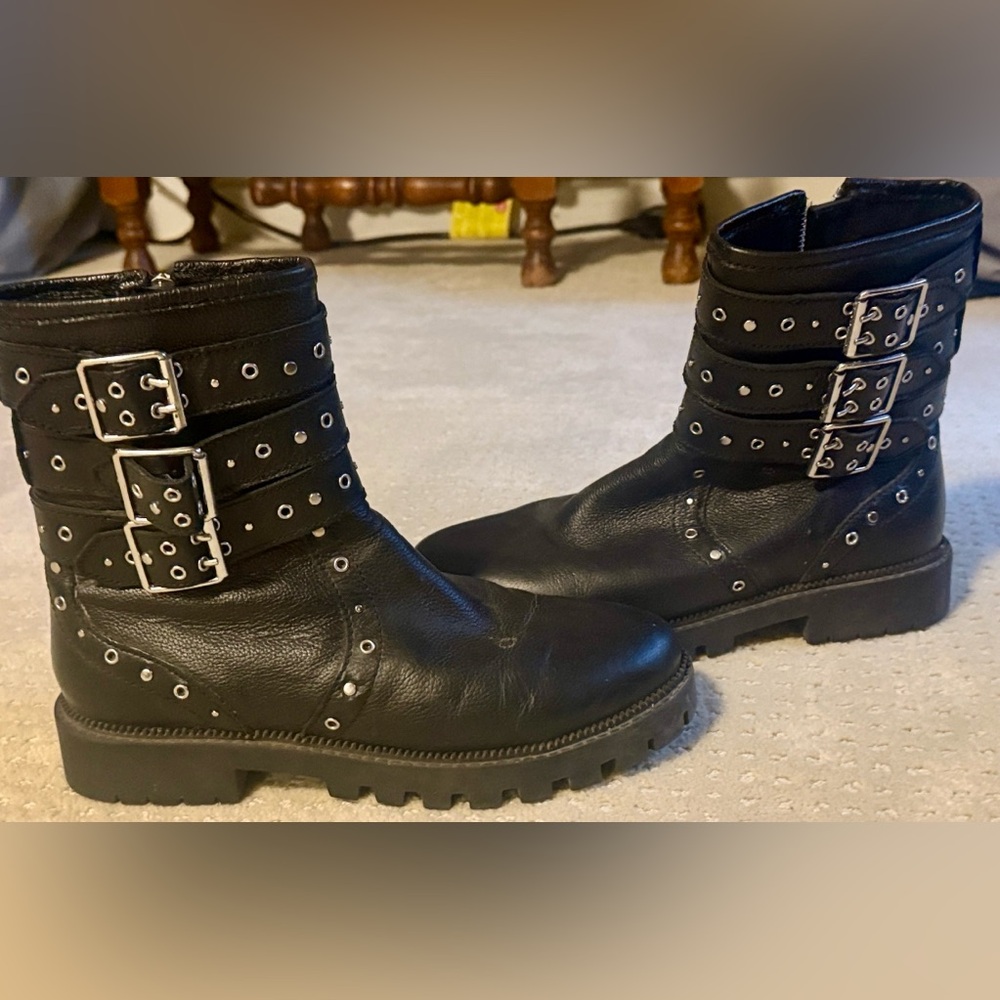 Zara Black Textured Faux Leather Fabric Moto Boots with Buckles